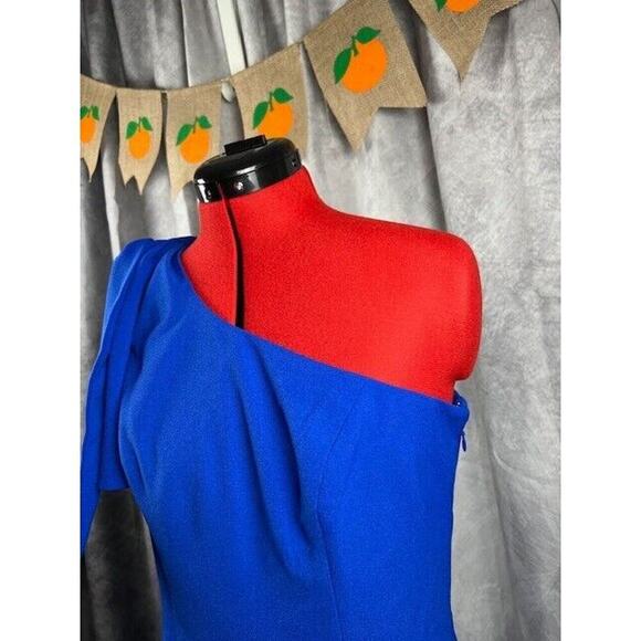 DRESS THE POPULATION Tiffany One-Shoulder Bow-Tie Midi Dress in Blue Size L NWT - Picture 4 of 7